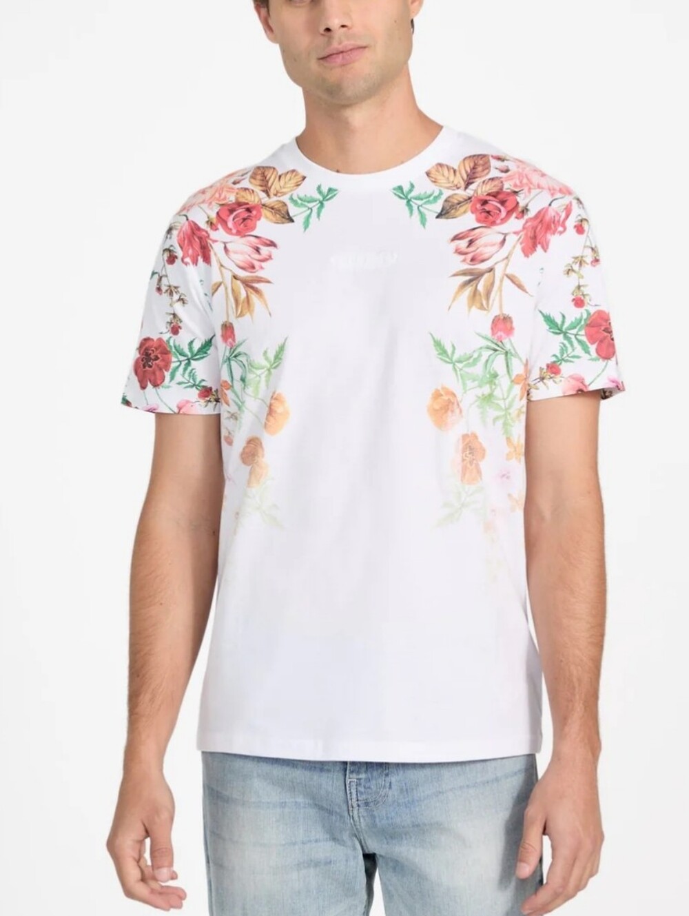 GUESS | Floral Sleeve White Tee with Embossed Logo
